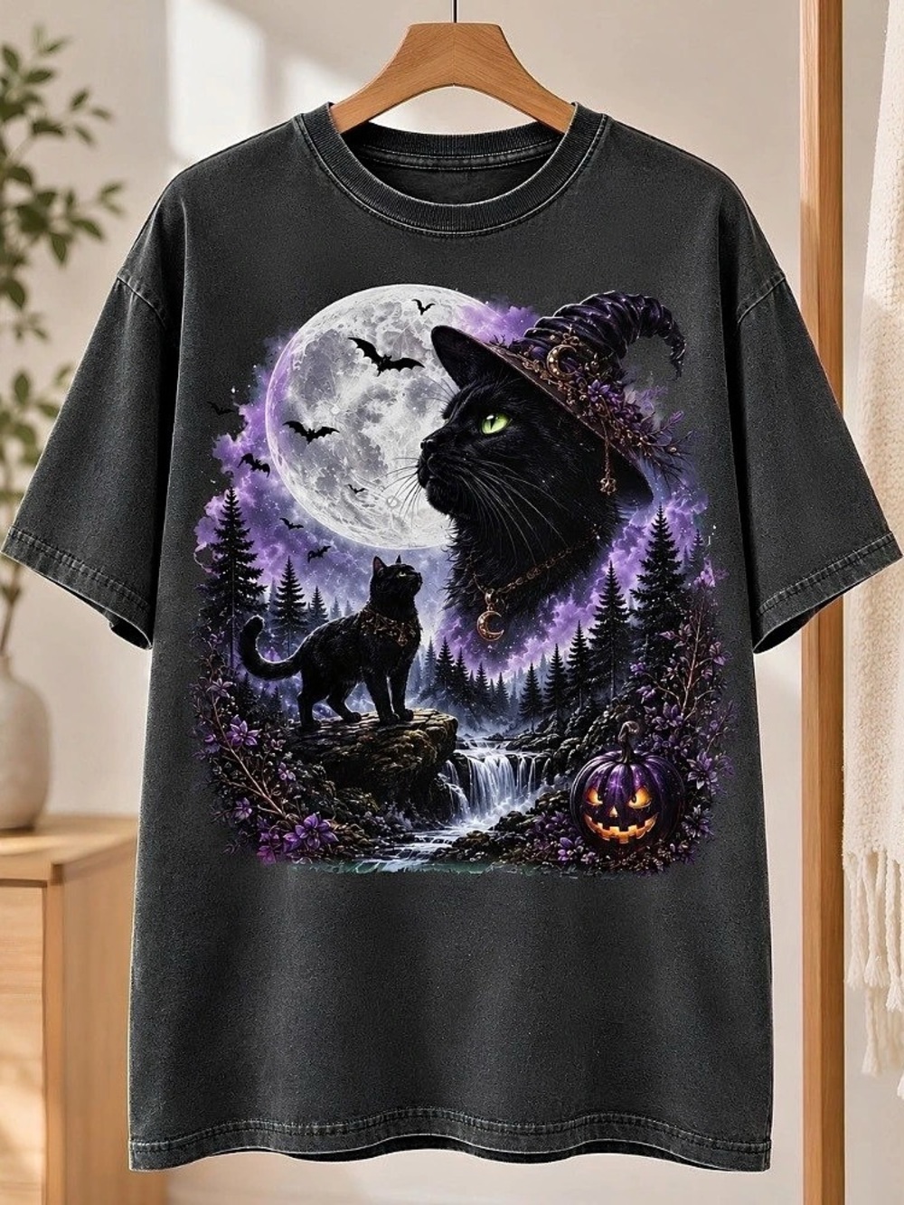 Comfort Colors Halloween Black Cat Witch Moon Jack O Lanterns Floral T-Shirt